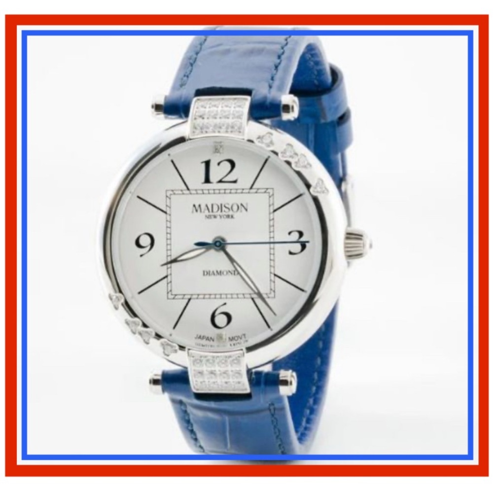 🌹HP🌹NEW Madison New York Diamond Silver Quarts Watch w Navy Calf Leather - Picture 3 of 5